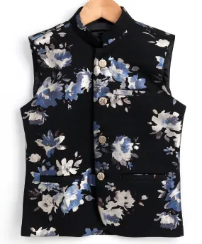 VASTRAMAY BOY'S Digital Foil Printed Black Nehru Jacket