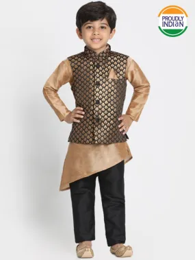 Vastramay Boys' Gold Cotton Silk Blend Kurta, Black Nehru Jacket and Pyjama Set