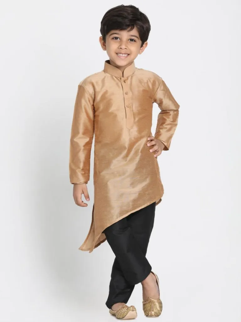 Vastramay Boys' Gold Cotton Silk Blend Kurta, Black Nehru Jacket and Pyjama Set