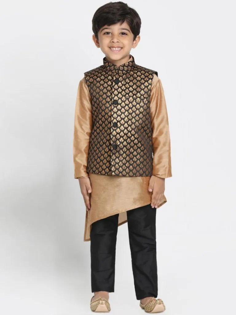 Vastramay Boys' Gold Cotton Silk Blend Kurta, Black Nehru Jacket and Pyjama Set