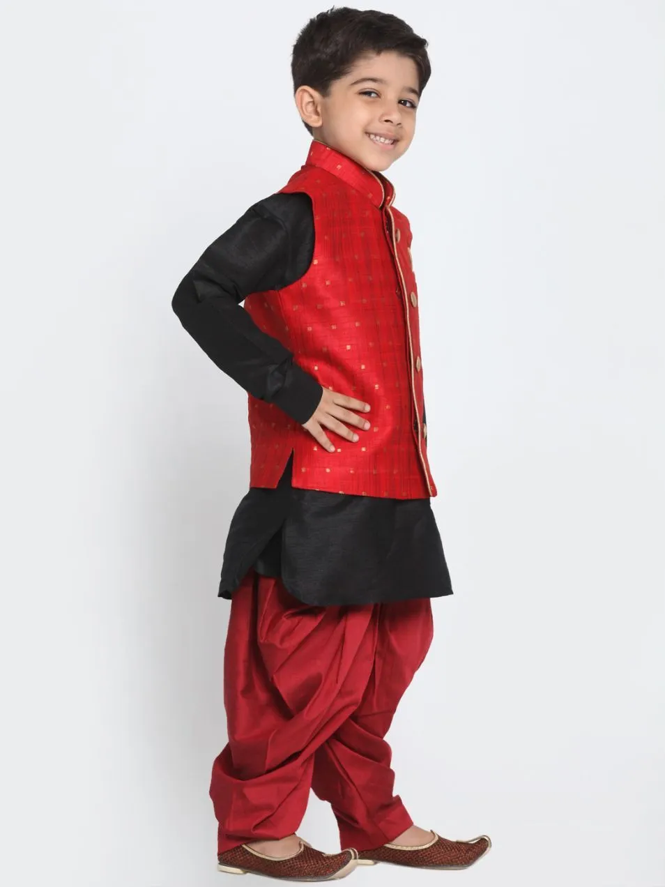 VASTRAMAY Boys' Maroon Cotton Silk Blend Ethnic Jacket, Black Kurta and Maroon Dhoti Pant Set