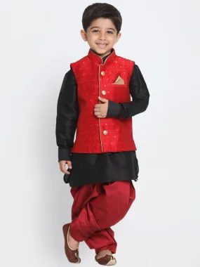 VASTRAMAY Boys' Maroon Cotton Silk Blend Ethnic Jacket, Black Kurta and Maroon Dhoti Pant Set