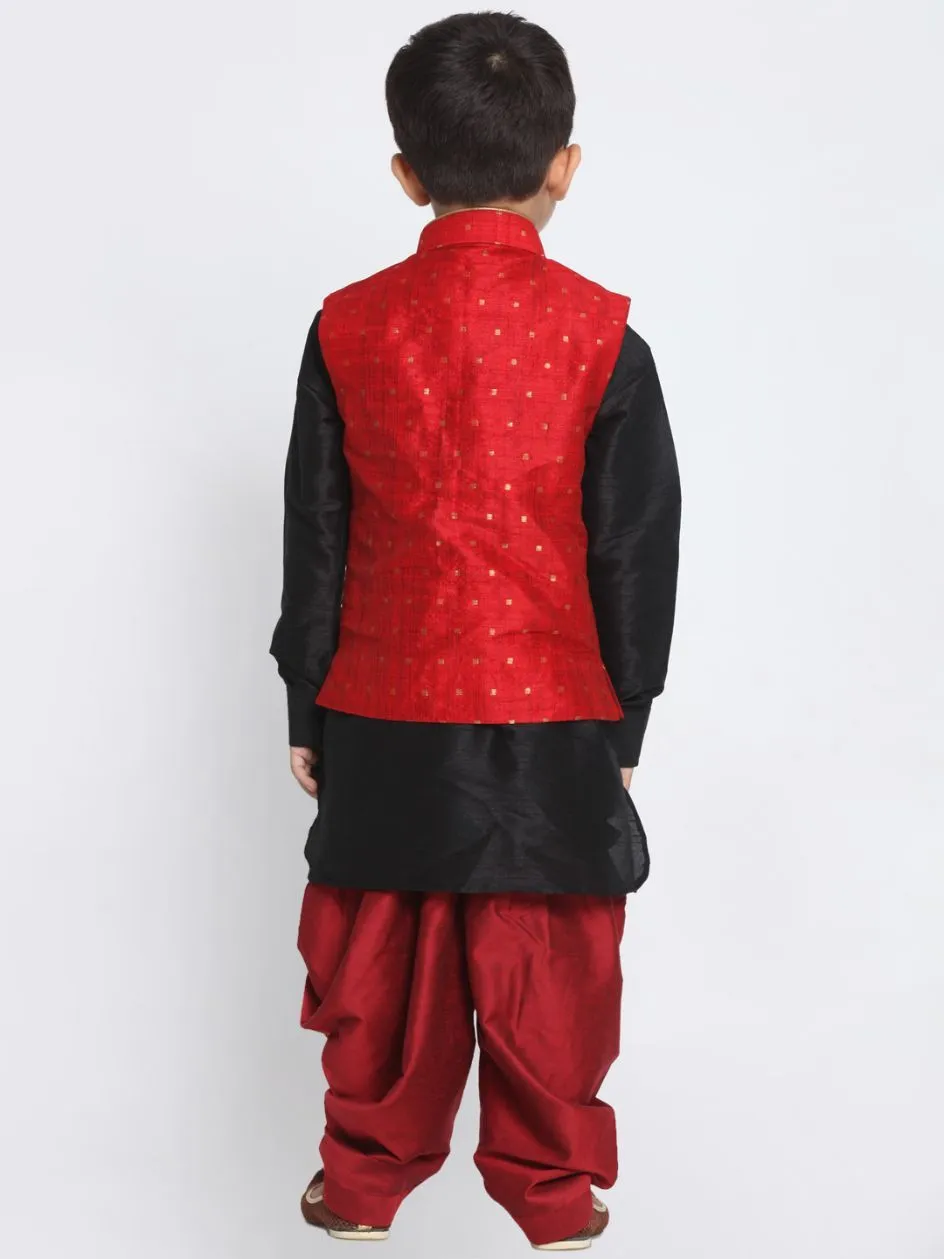 VASTRAMAY Boys' Maroon Cotton Silk Blend Ethnic Jacket, Black Kurta and Maroon Dhoti Pant Set