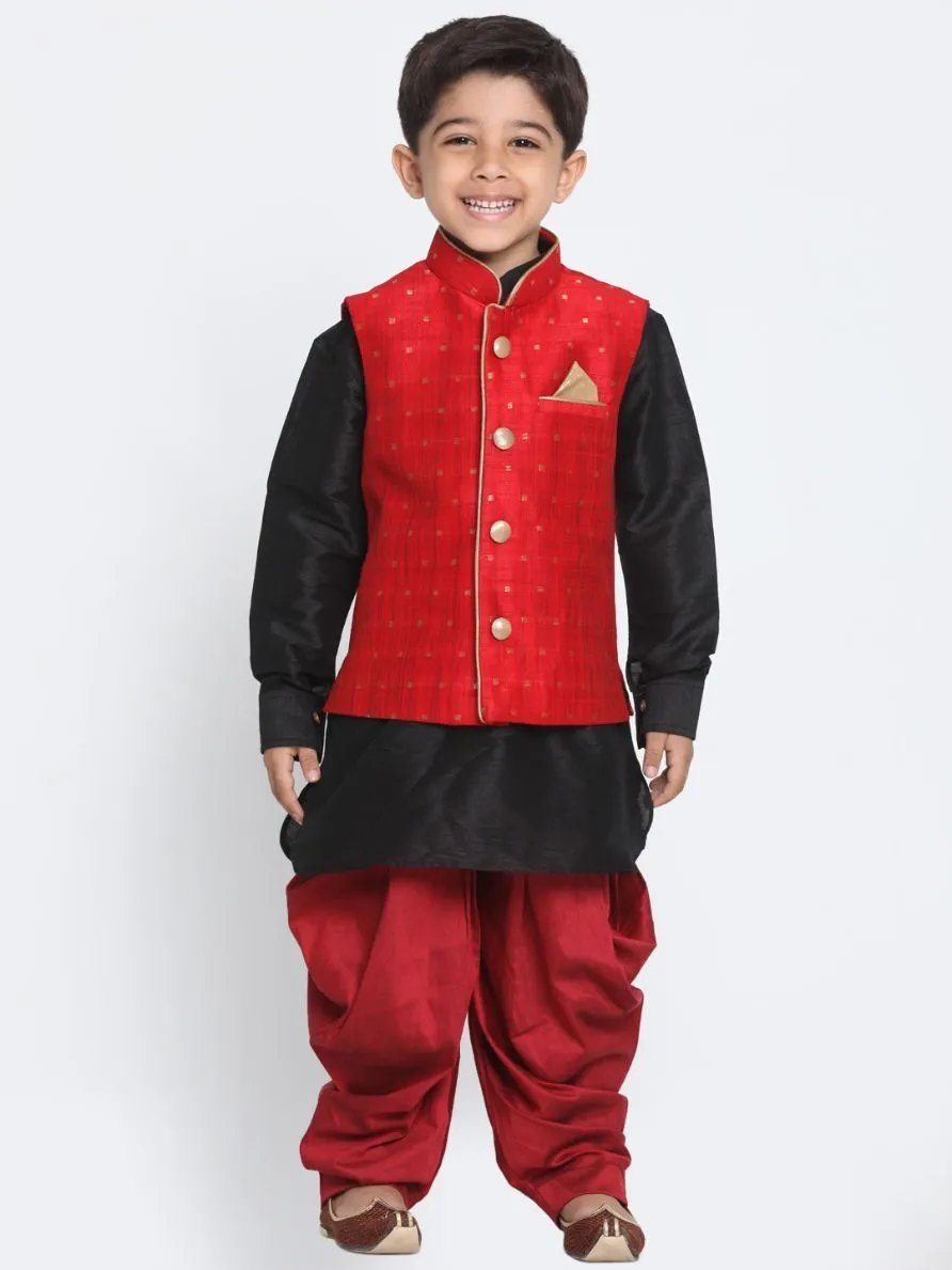 VASTRAMAY Boys' Maroon Cotton Silk Blend Ethnic Jacket, Black Kurta and Maroon Dhoti Pant Set