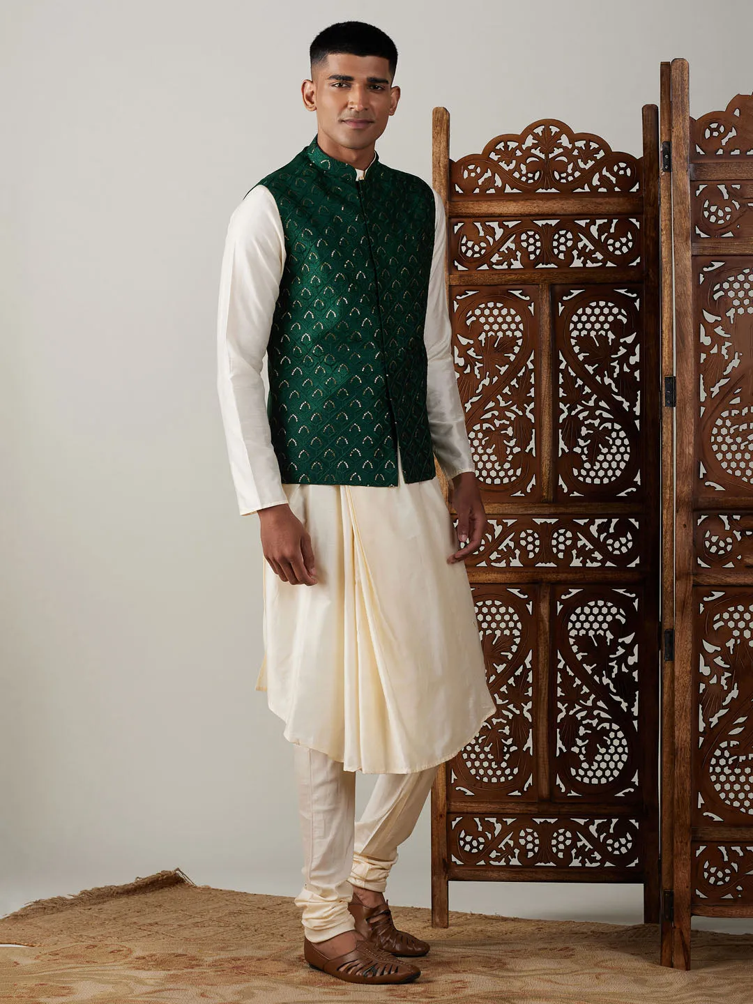 Vastramay Men's Green Jacket Pleated Kurta with Pyjama Set