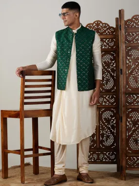 Vastramay Men's Green Jacket Pleated Kurta with Pyjama Set