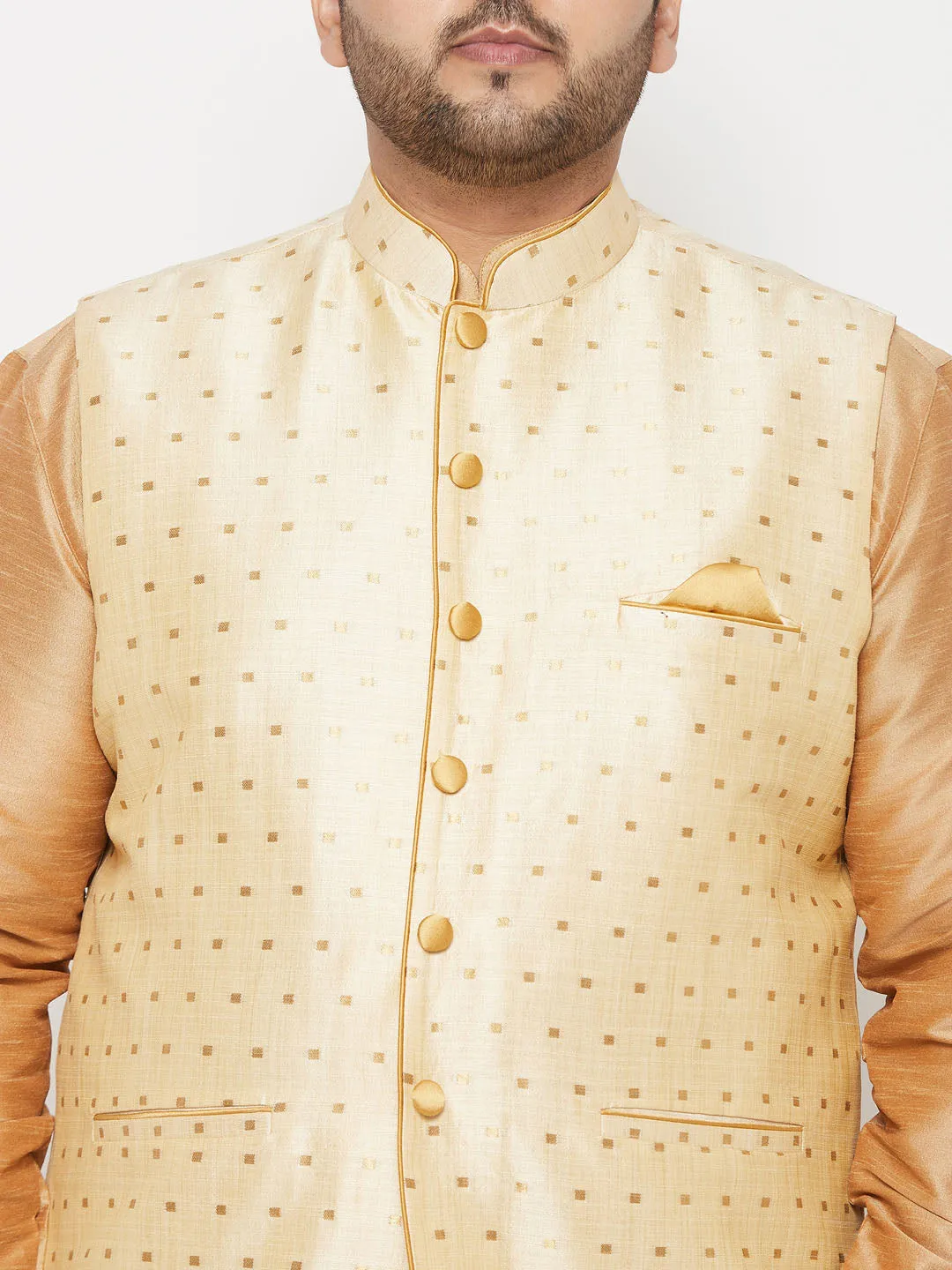 VASTRAMAY Men's Plus Size Gold Zari Weaved Nehru Jacket With Curved Kurta Dhoti set