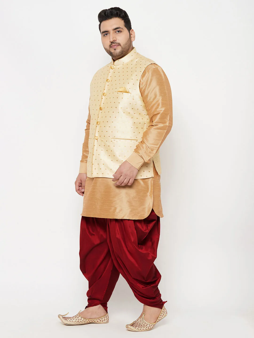 VASTRAMAY Men's Plus Size Gold Zari Weaved Nehru Jacket With Curved Kurta Dhoti set