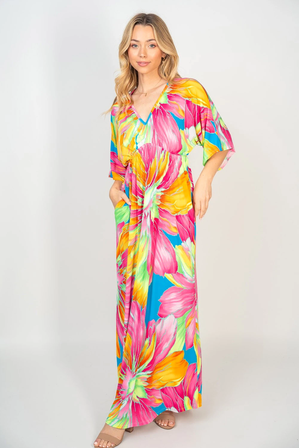 White Birch Printed V-Neck Maxi Dress with Pockets