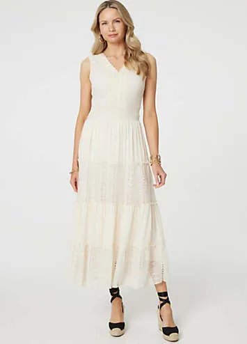 White Lace Detail Sleeveless Tiered Maxi Dress by Izabel London | Look Again