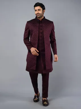 Wine & Black Self Embroidered Regular Fit Indowestern | TULA