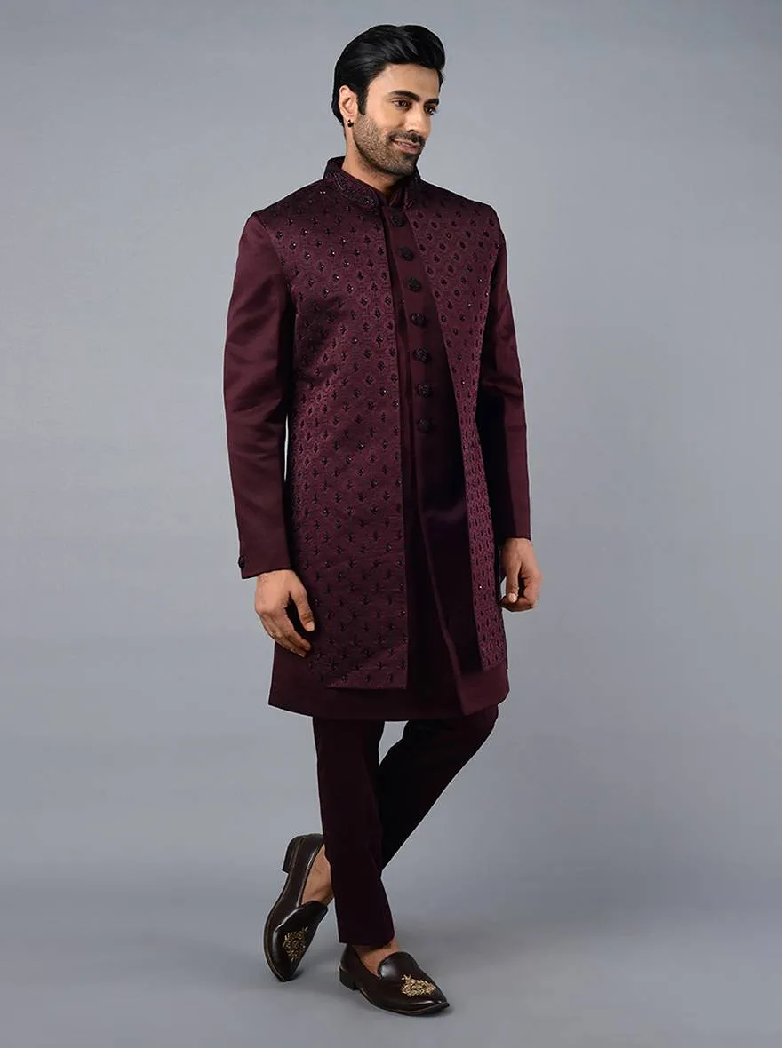 Wine & Black Self Embroidered Regular Fit Indowestern | TULA