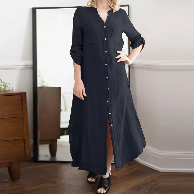 Woman Dress Solid Long Sleeve V-Neck Shirtdress