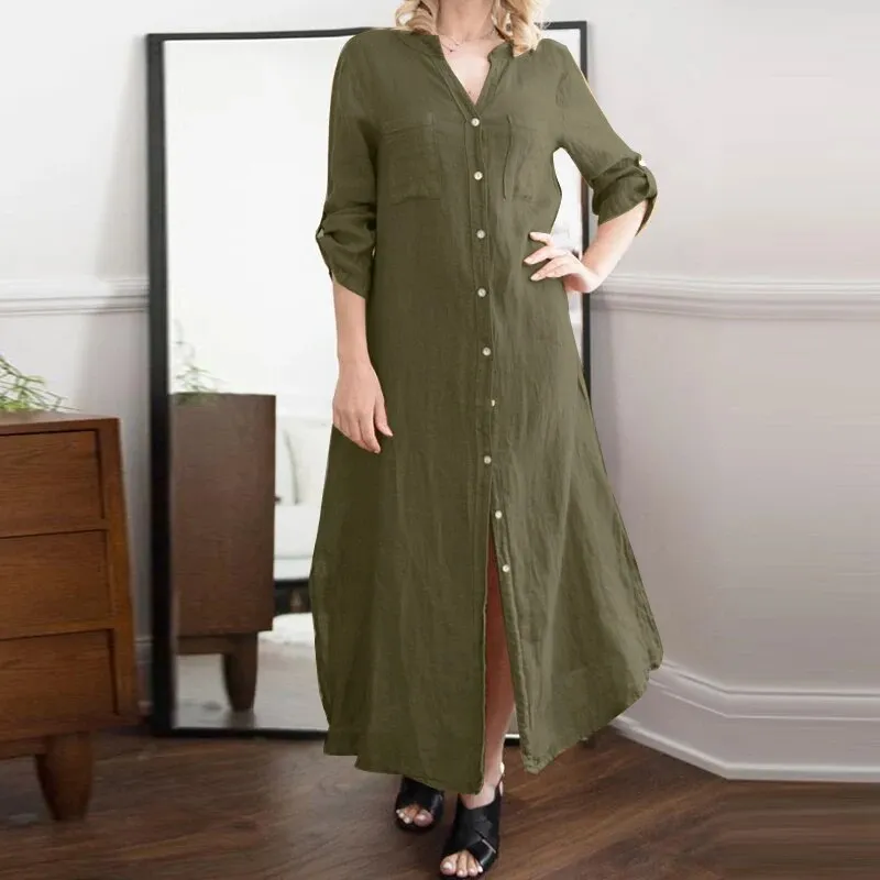 Woman Dress Solid Long Sleeve V-Neck Shirtdress