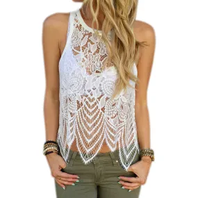 Women Sexy Vest Sleeveless Tank Top Plus Size XL Lace Hollow Up White Vintage Shirt Beach Sunshine Outwear