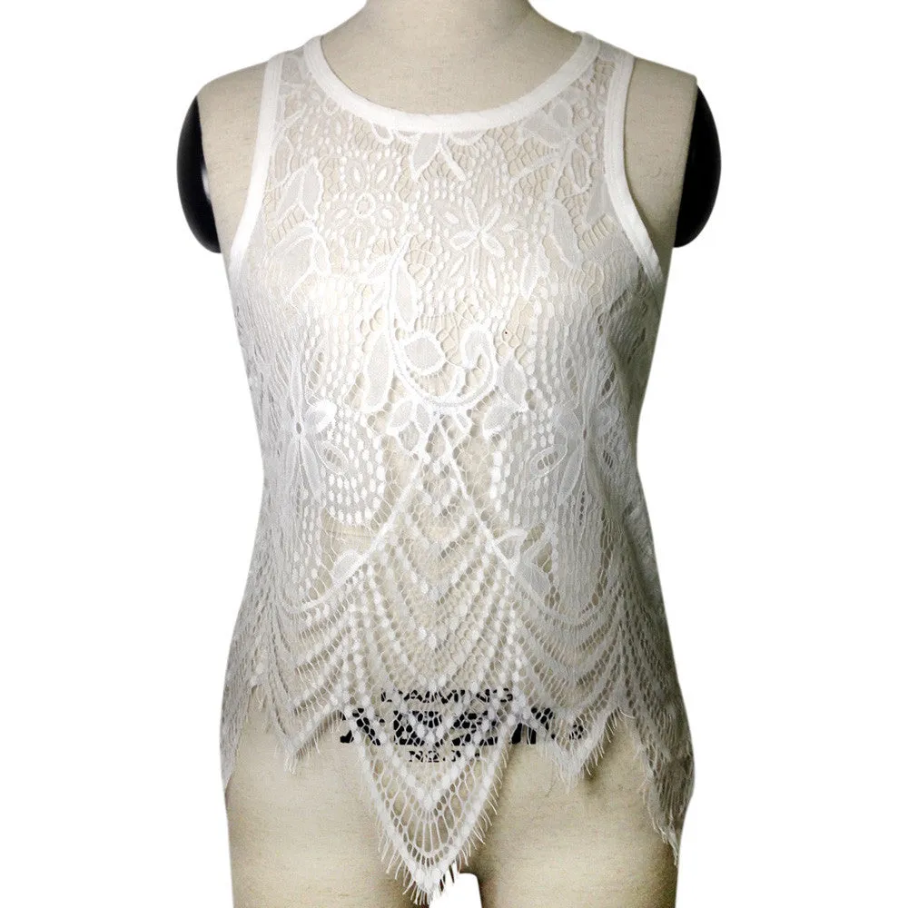 Women Sexy Vest Sleeveless Tank Top Plus Size XL Lace Hollow Up White Vintage Shirt Beach Sunshine Outwear