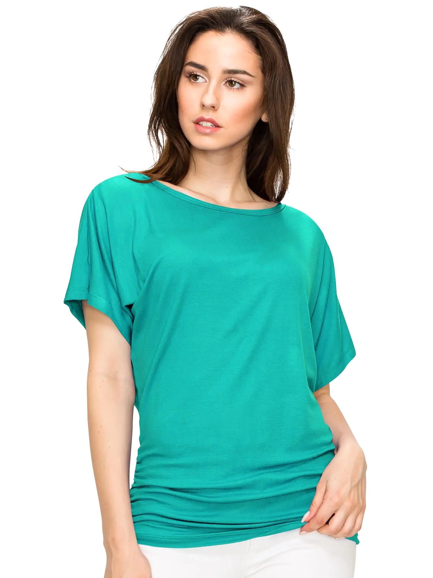 Women's Solid Short Sleeve Boat Neck V-Neck Dolman Top