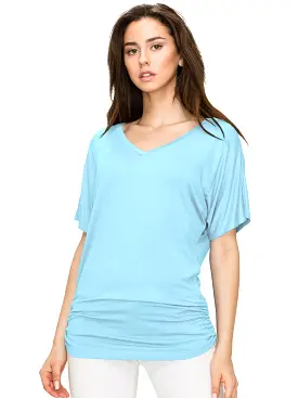 Womens Solid Short Sleeve V-Neck Dolman Top with Side Shirring