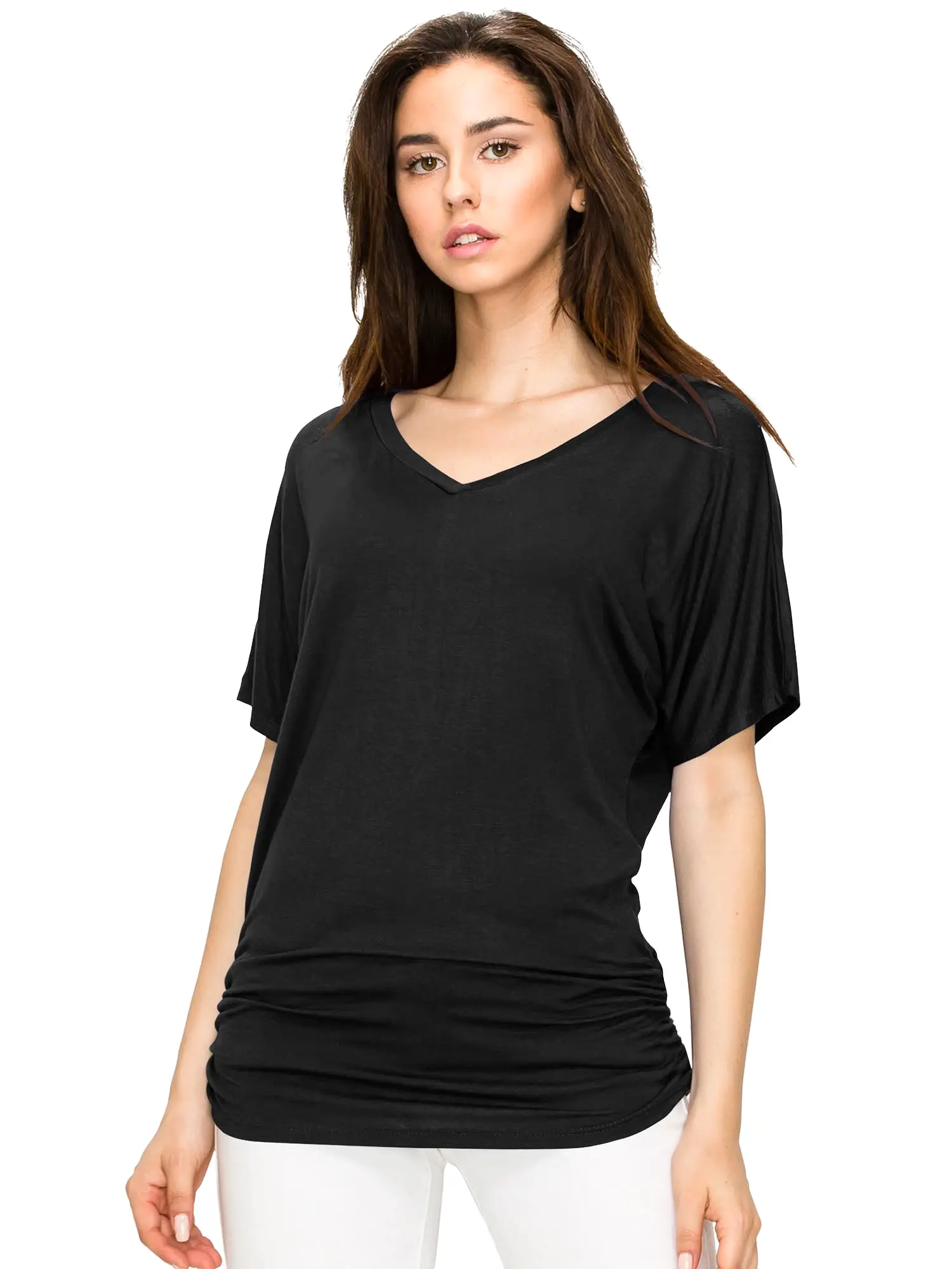 Womens Solid Short Sleeve V-Neck Dolman Top with Side Shirring