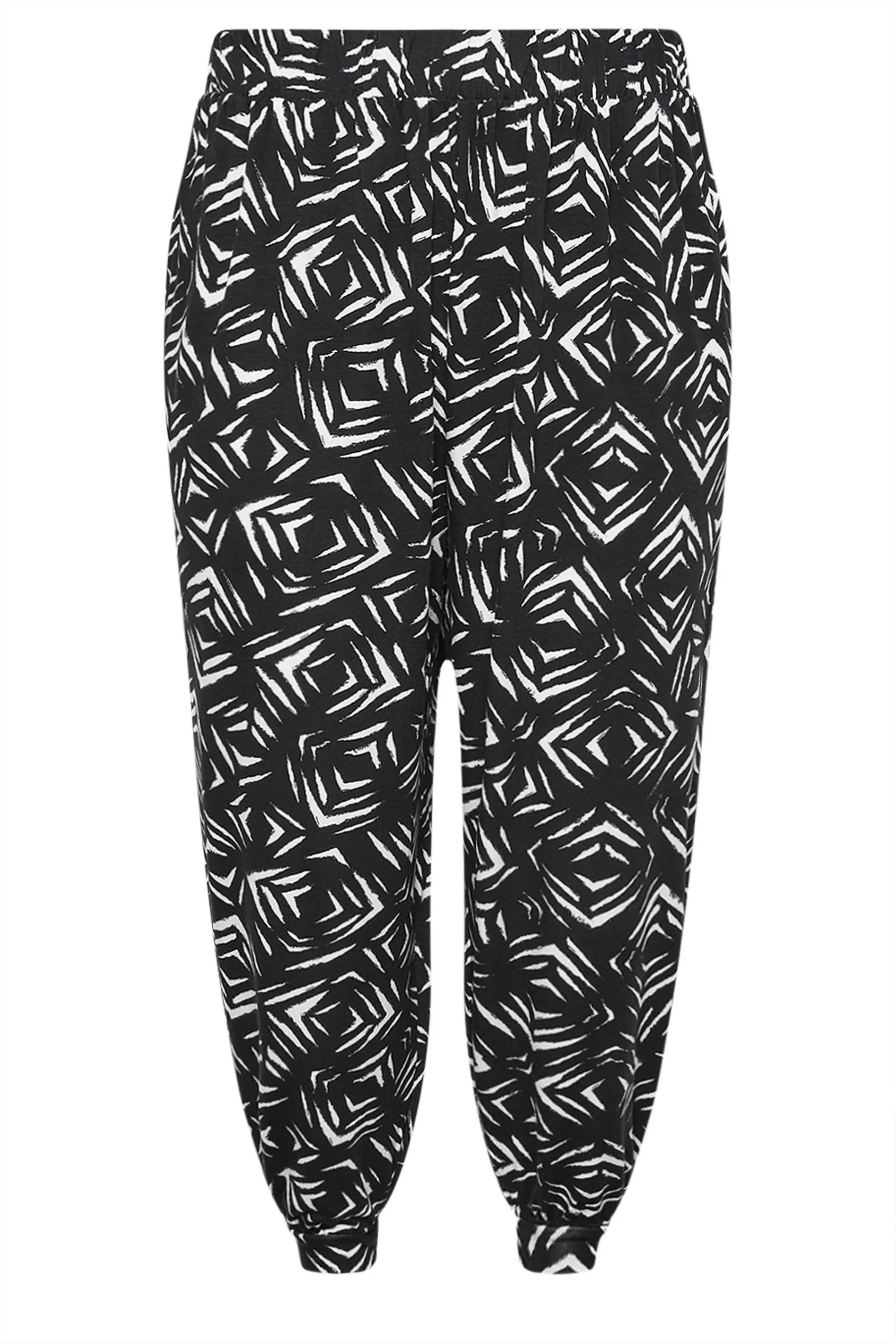 YOURS Curve Black Ikat Print Cropped Harem Trousers